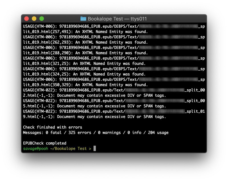 A terminal window showing the output of running the tool epubcheck. For the checked ebook, this yielded 325 errors.