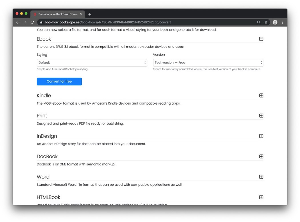 A screen shot of Bookalope’s web UI to select a download format for the book, and to download the final converted file.